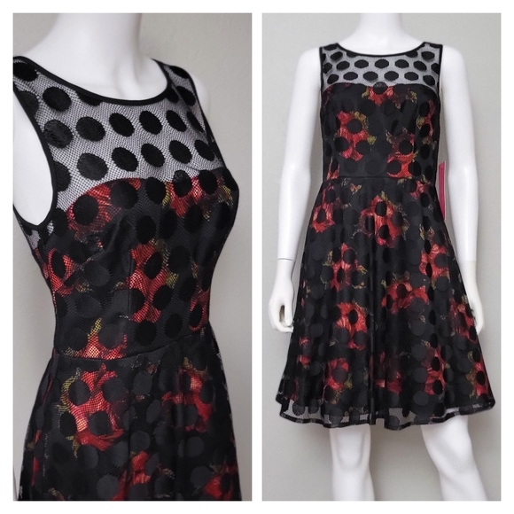 Betsey Johnson Dress • Black Red Floral • Roses Mesh Lace • Party Polka-dot - Picture 1 of 4